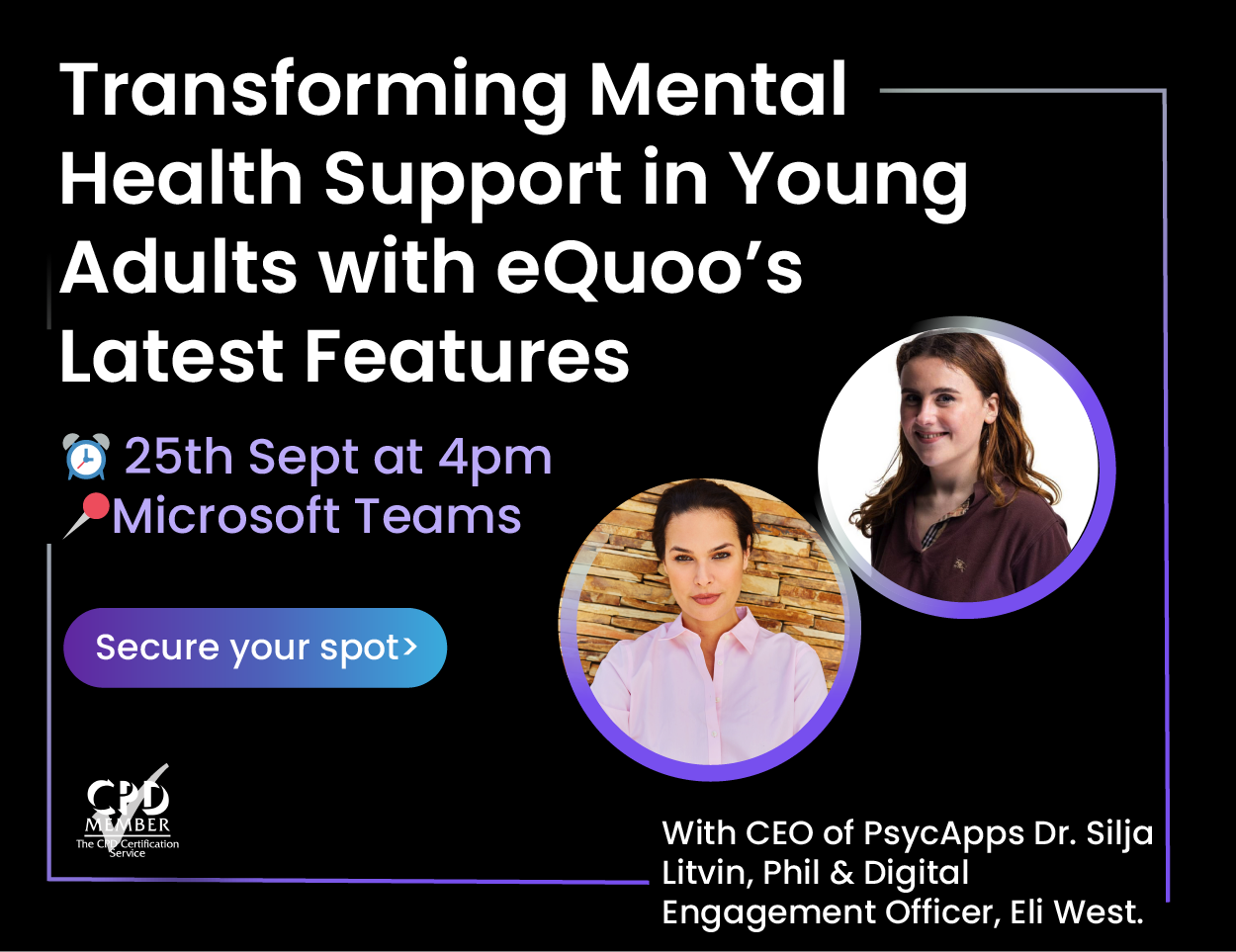 Transforming mental health support in young adults with eQuoo's latest features thumbnail image with image of webinar hosts Silja Litvin and Eli West